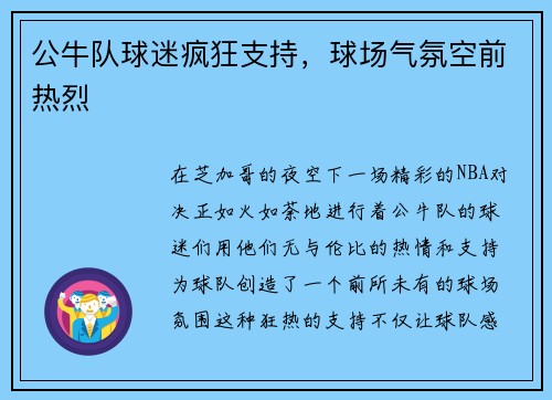 公牛队球迷疯狂支持，球场气氛空前热烈