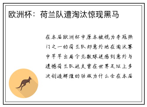 欧洲杯：荷兰队遭淘汰惊现黑马